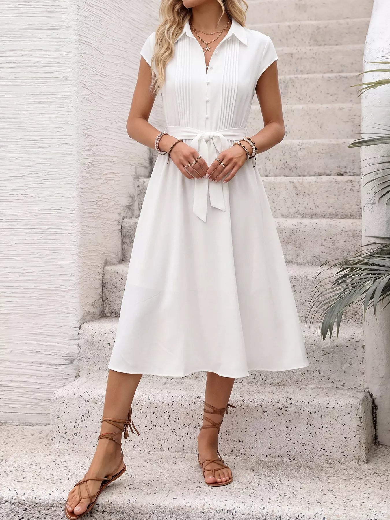 Cap Sleeve Tie Waist Midi Dress