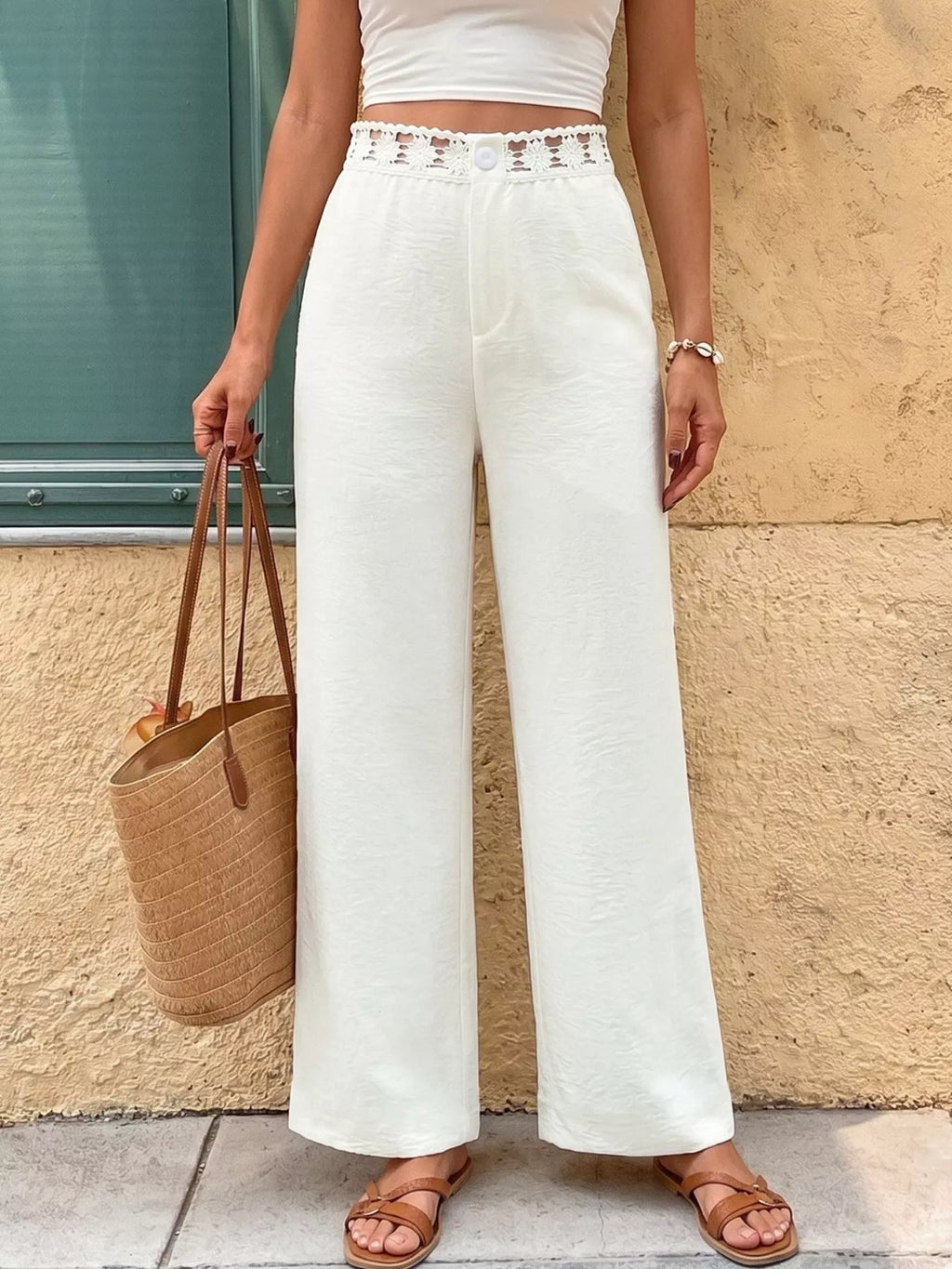 High Waist Wide Leg Pants with Crochet Trim