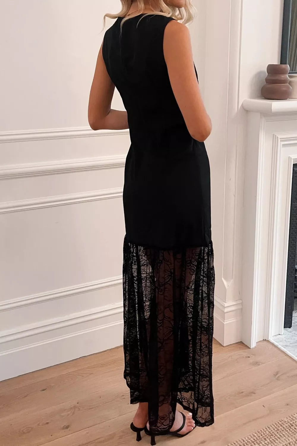 Sleeveless Sheer Floral Lace Patchwork Maxi Dress