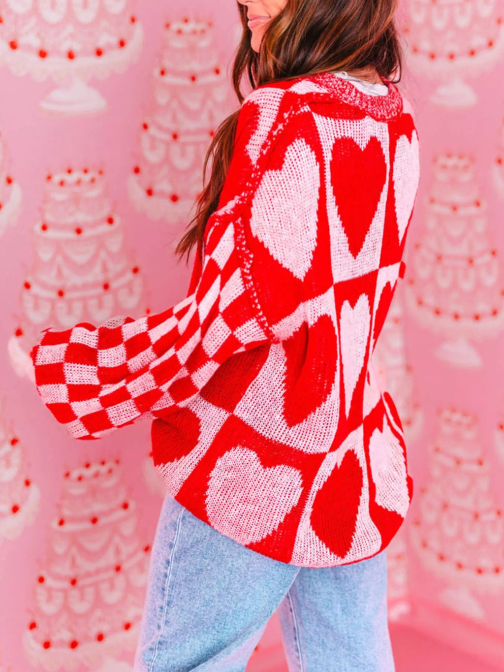 Heart Pattern Checkerboard Knit Sweater