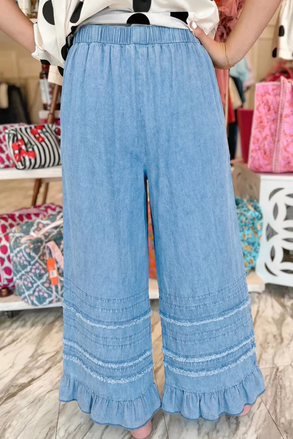 Ruffled Hem Wide Leg Chambray Jeans