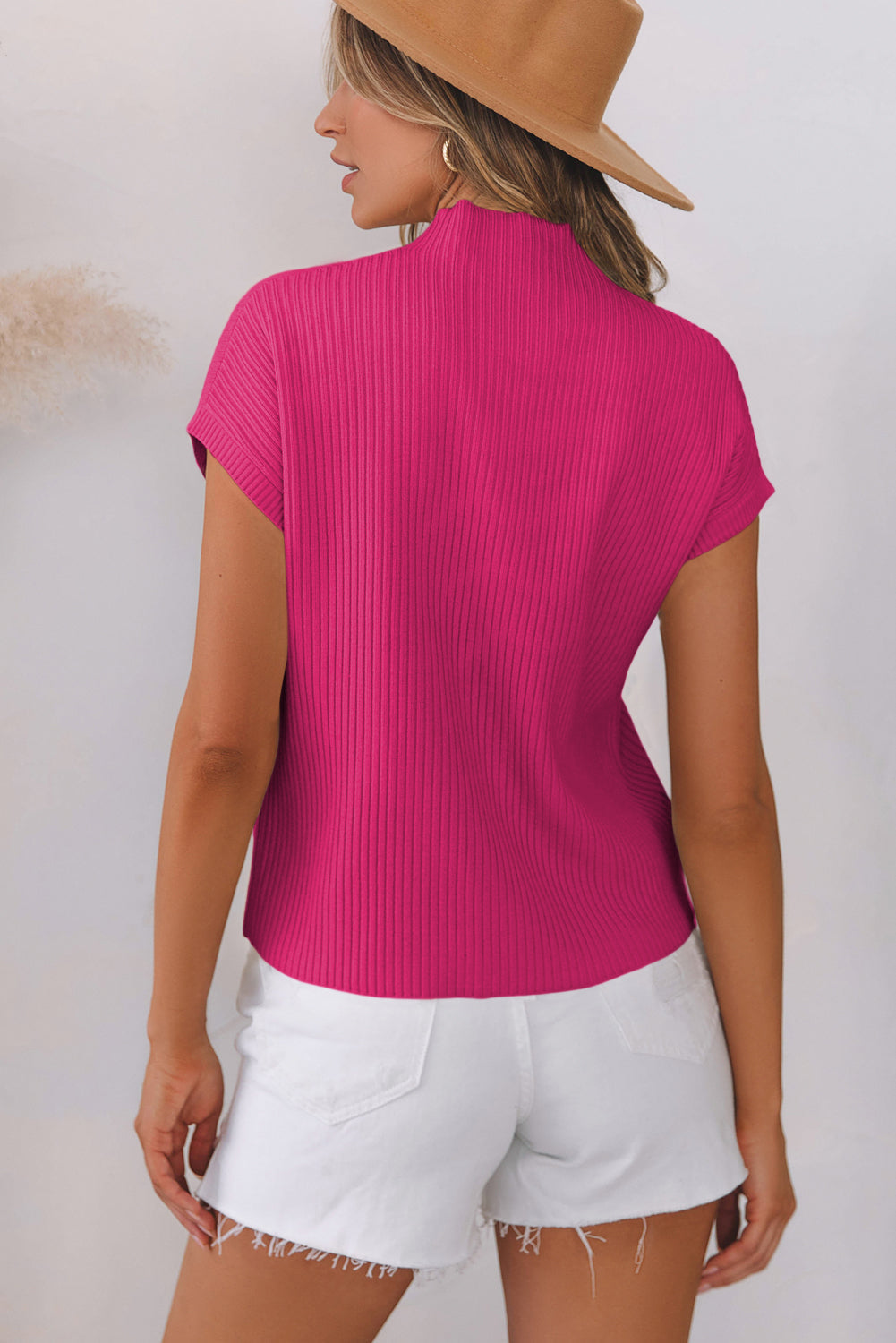 Solid Ribbed Knit Patch Pocket Short Sleeve Sweater