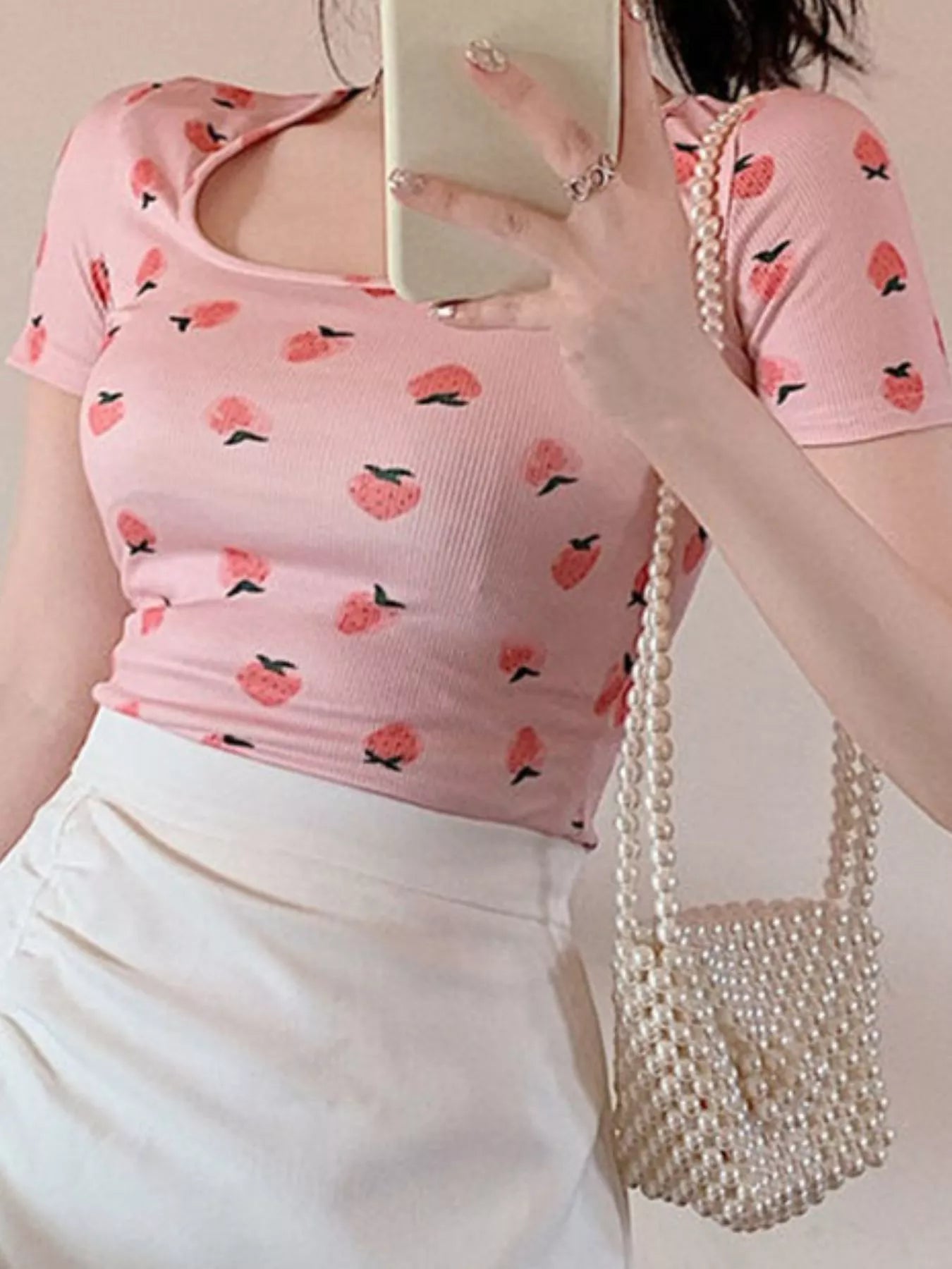 Fruit Print Square Neck Slim Fit T-Shirt