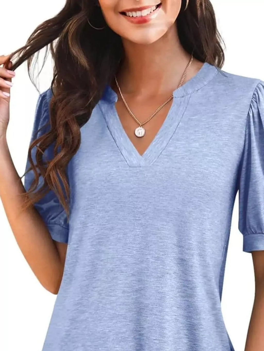 Puff Sleeve Notched Casual T-Shirt