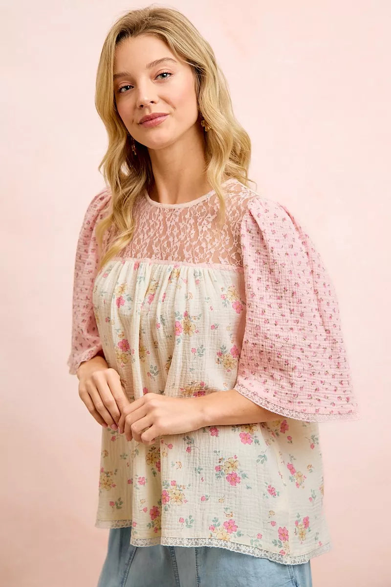 BiBi Crinkle Floral Gauze Mix And Matched Blouse Top