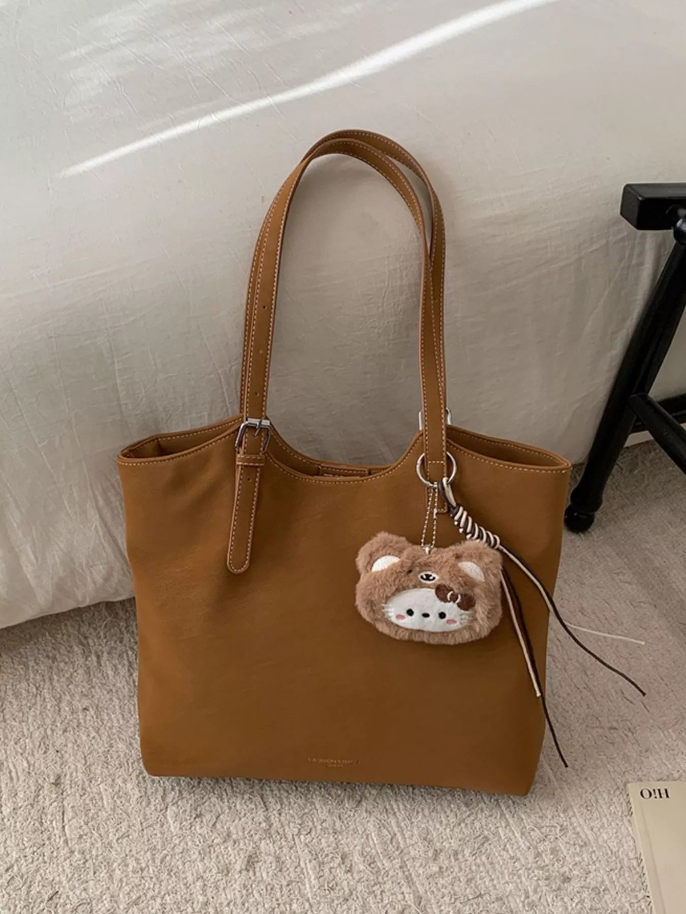 Solid Color Handbag with Plush Charm