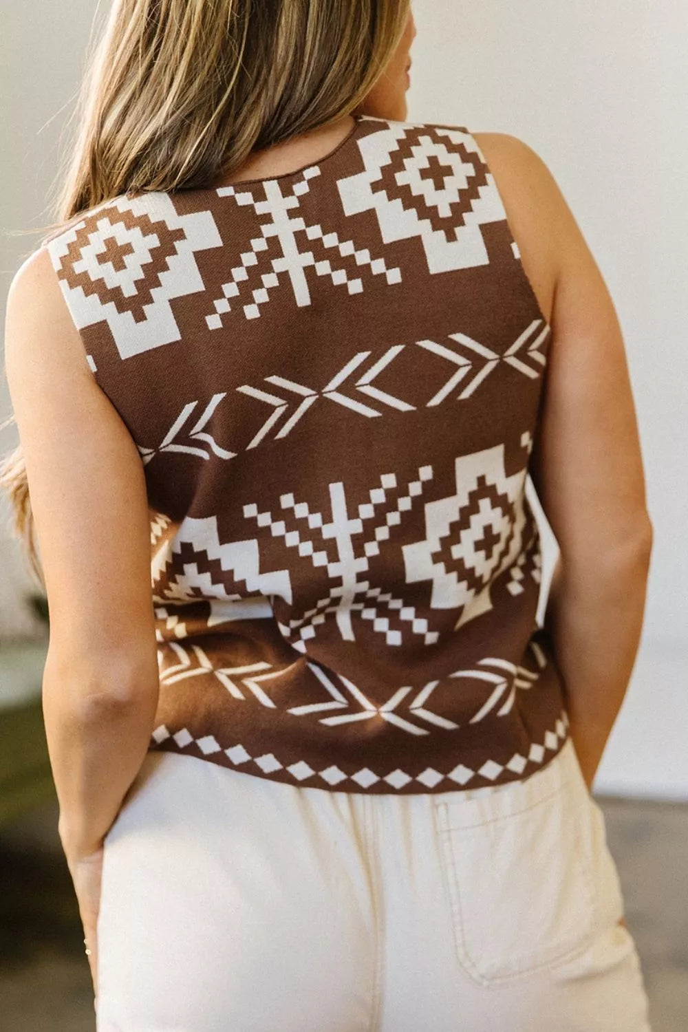 Western Geometric Pattern Sleeveless Knit Sweater Vest