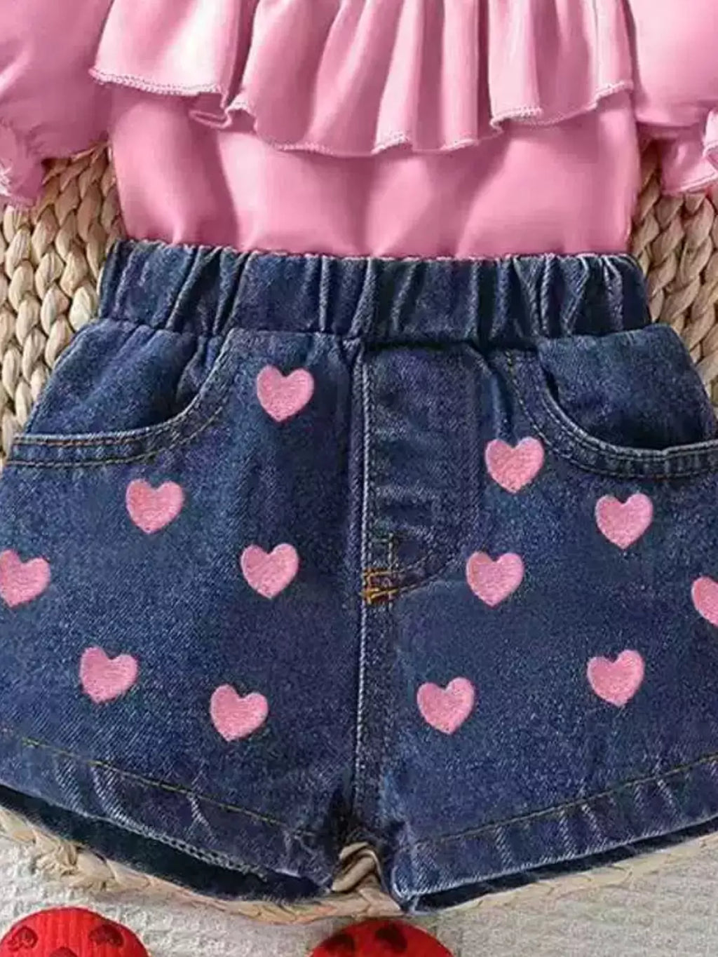 Children's Ruffled Top & Heart Embroidered Denim Shorts Set