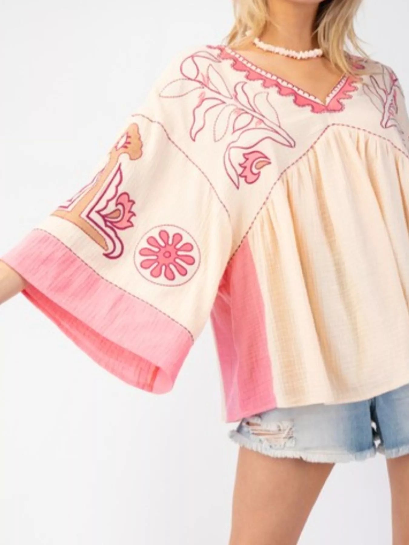 Printed V-Neck Top with Contrast Trim Details