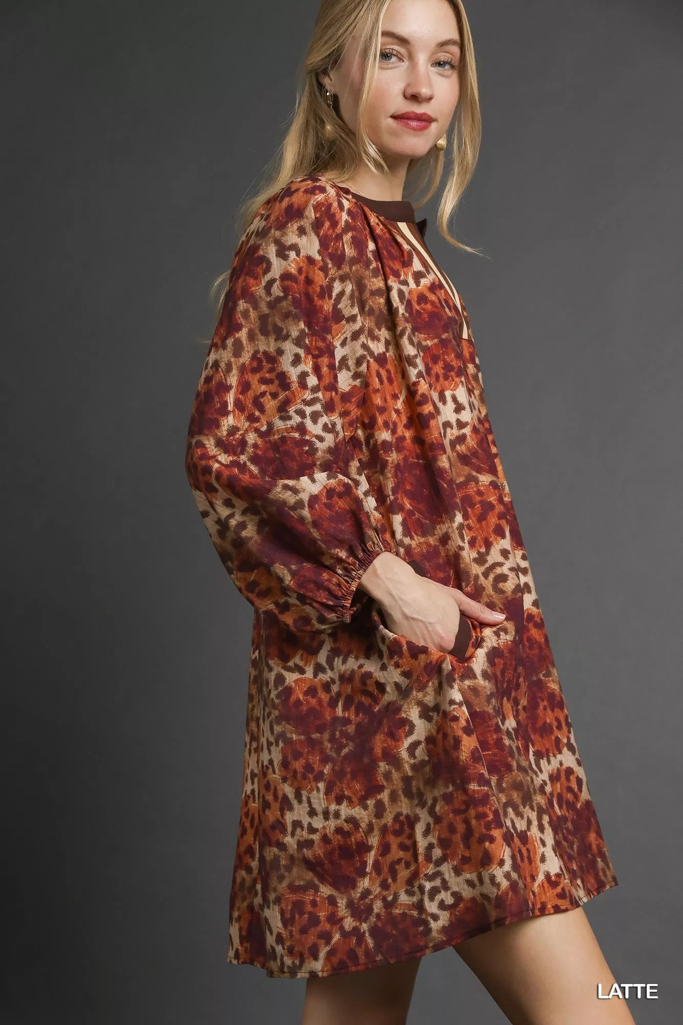 Umgee Animal Print Boho Tunic Dress with Contrast Trim Detail