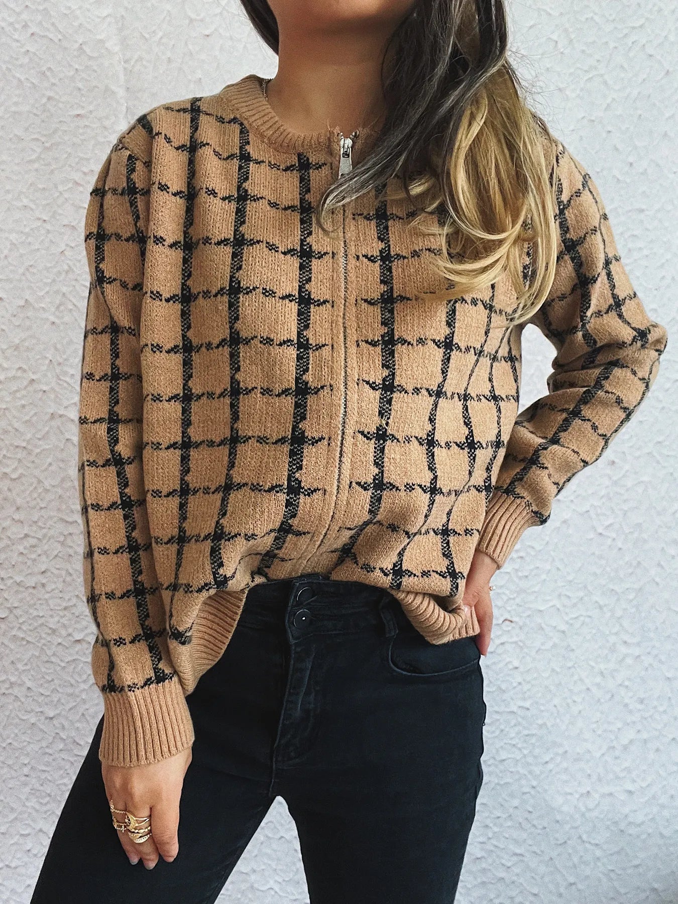 Plaid Pattern Zip Up Cardigan