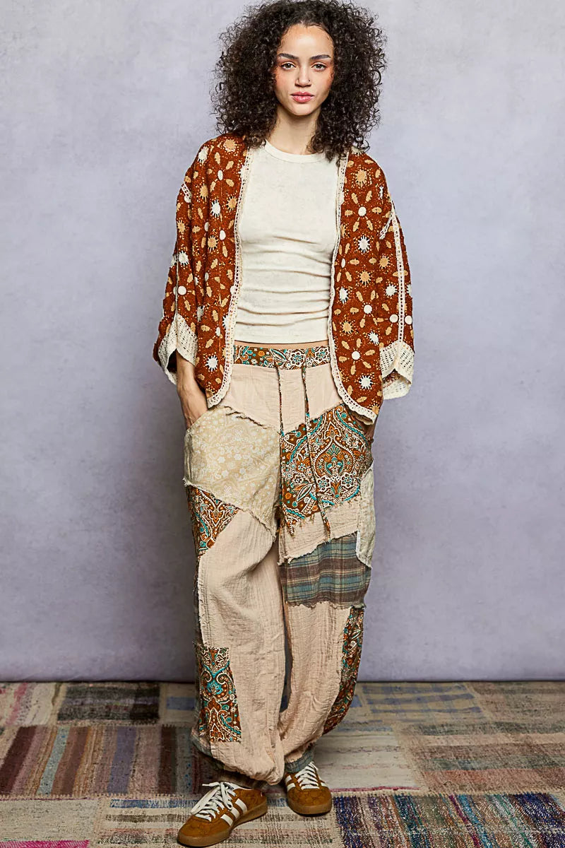 POL Open Front Floral Pattern Crochet Cardigan
