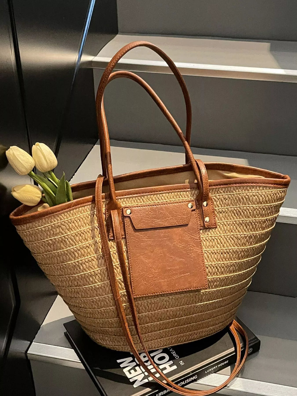Straw Woven Shoulder Bag with Leather Accents