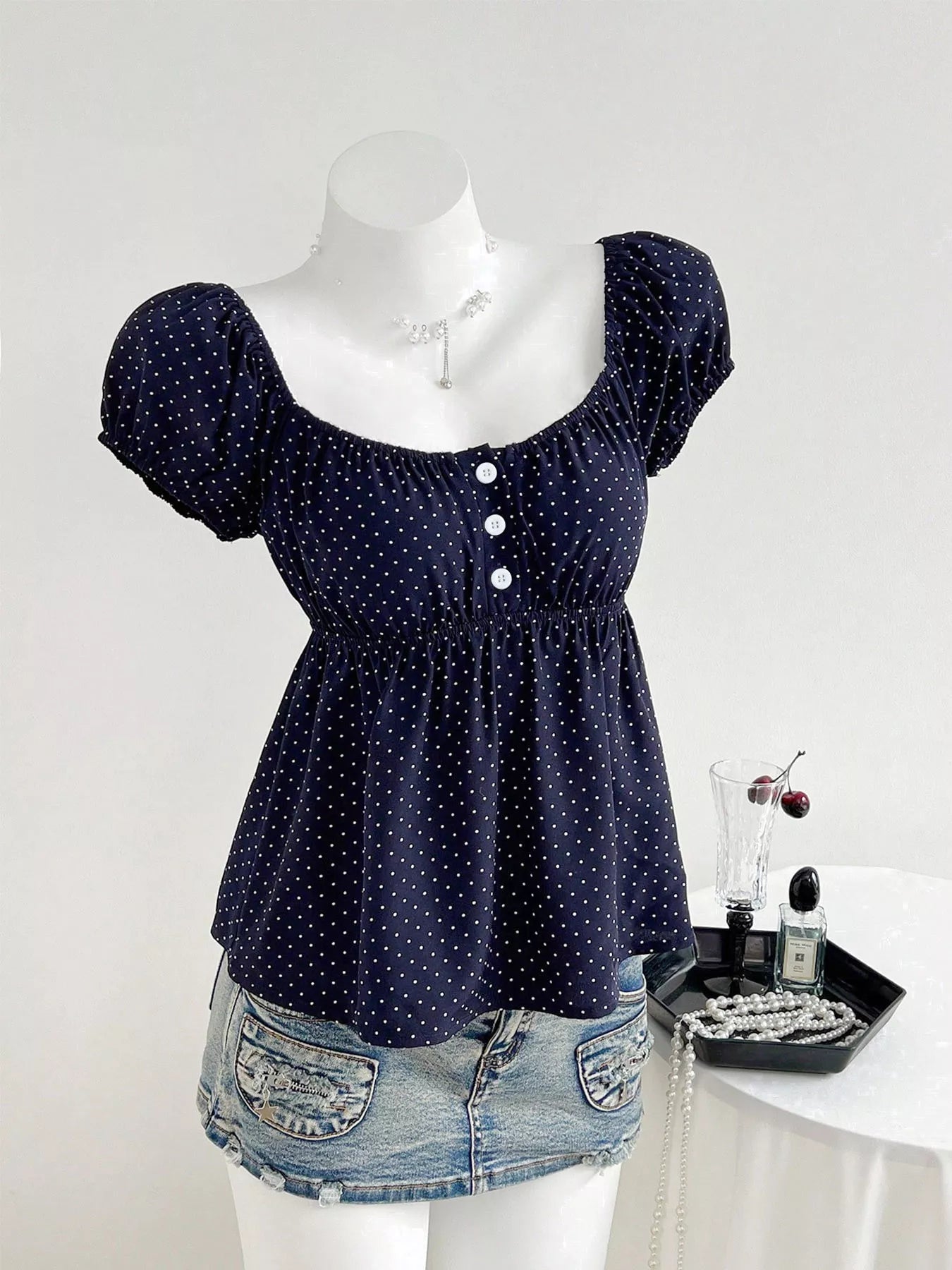 Polka Dot Short Sleeve Blouse