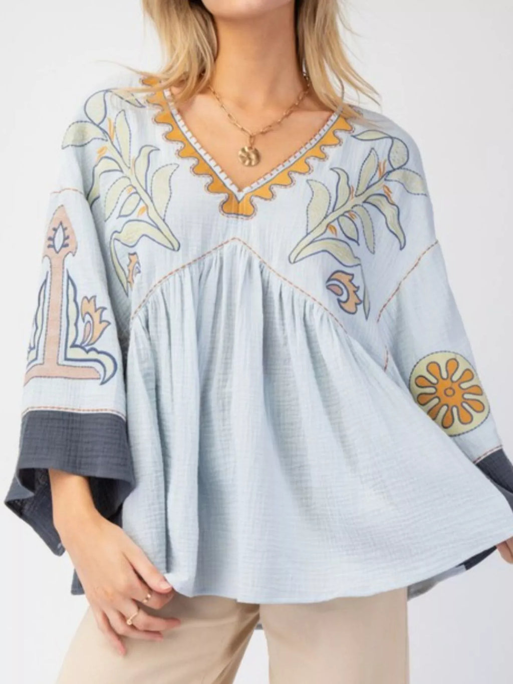 Printed V-Neck Top with Contrast Trim Details