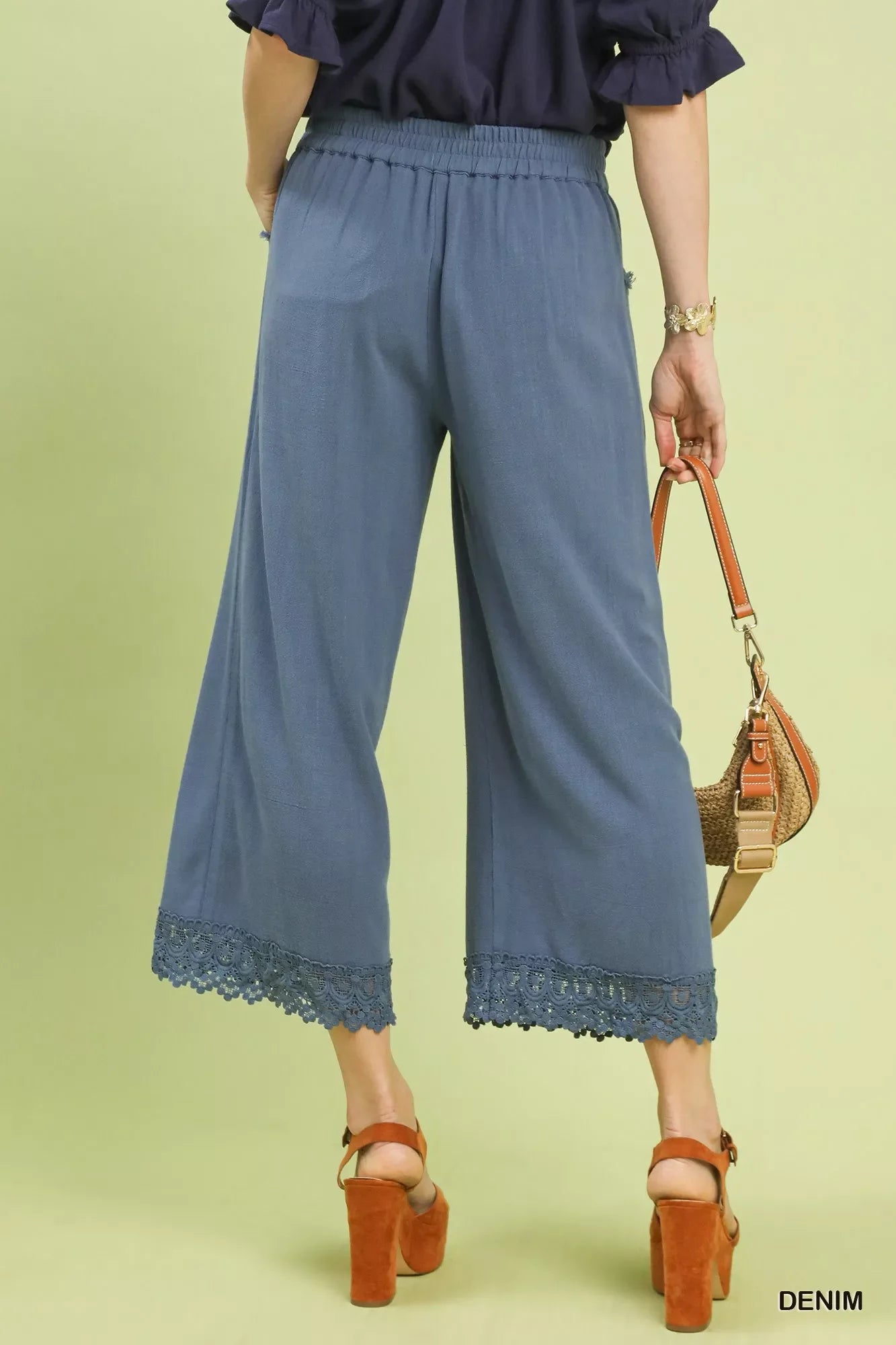 Umgee Linen Wide Leg Cropped Pants with Lace Trim