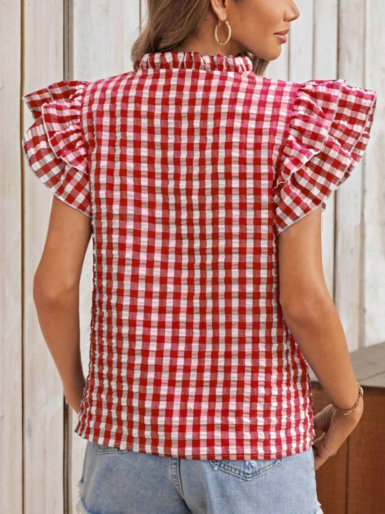Gingham Ruffle Sleeve Blouse