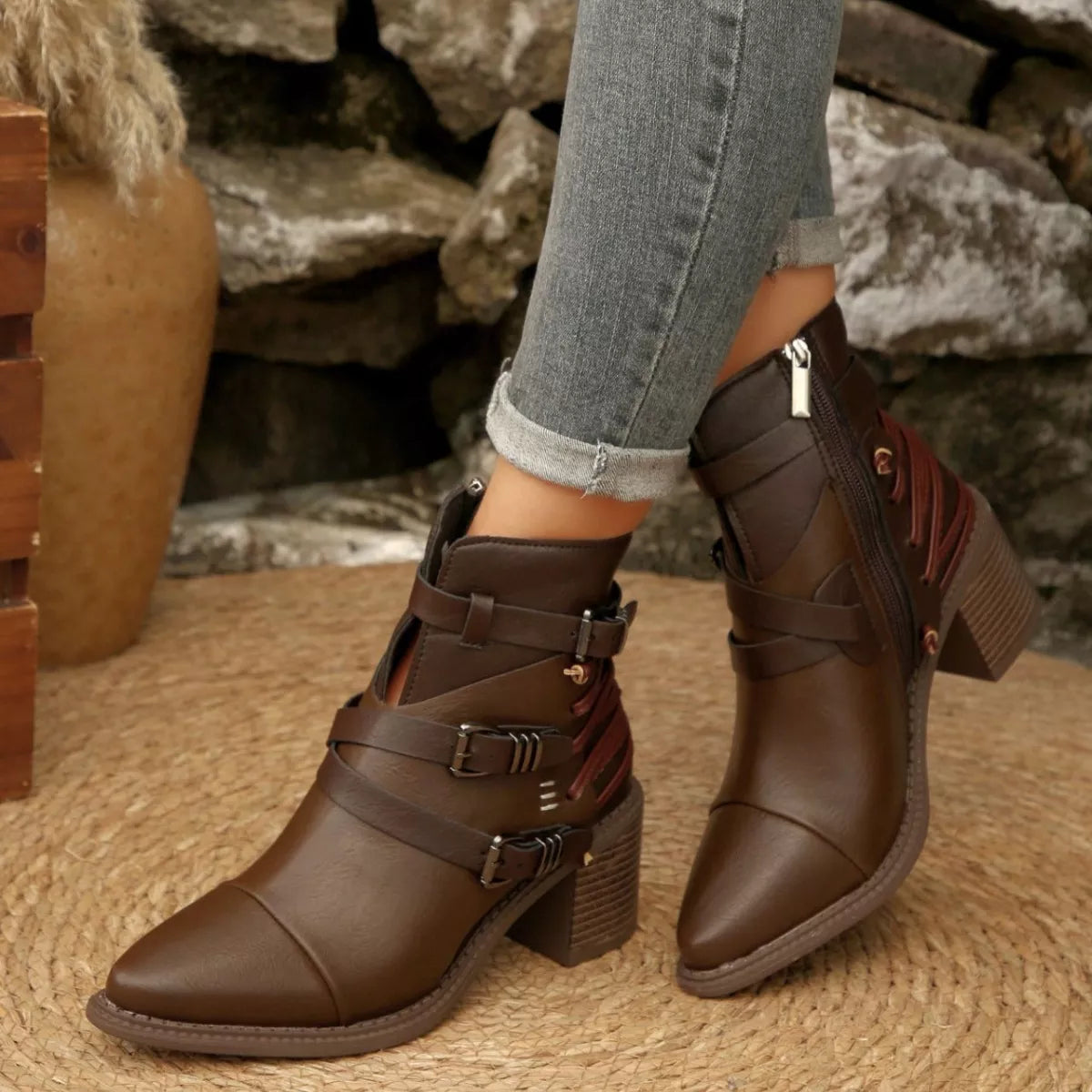 Point Toe Buckle Strap Ankle Boots with Block Heels