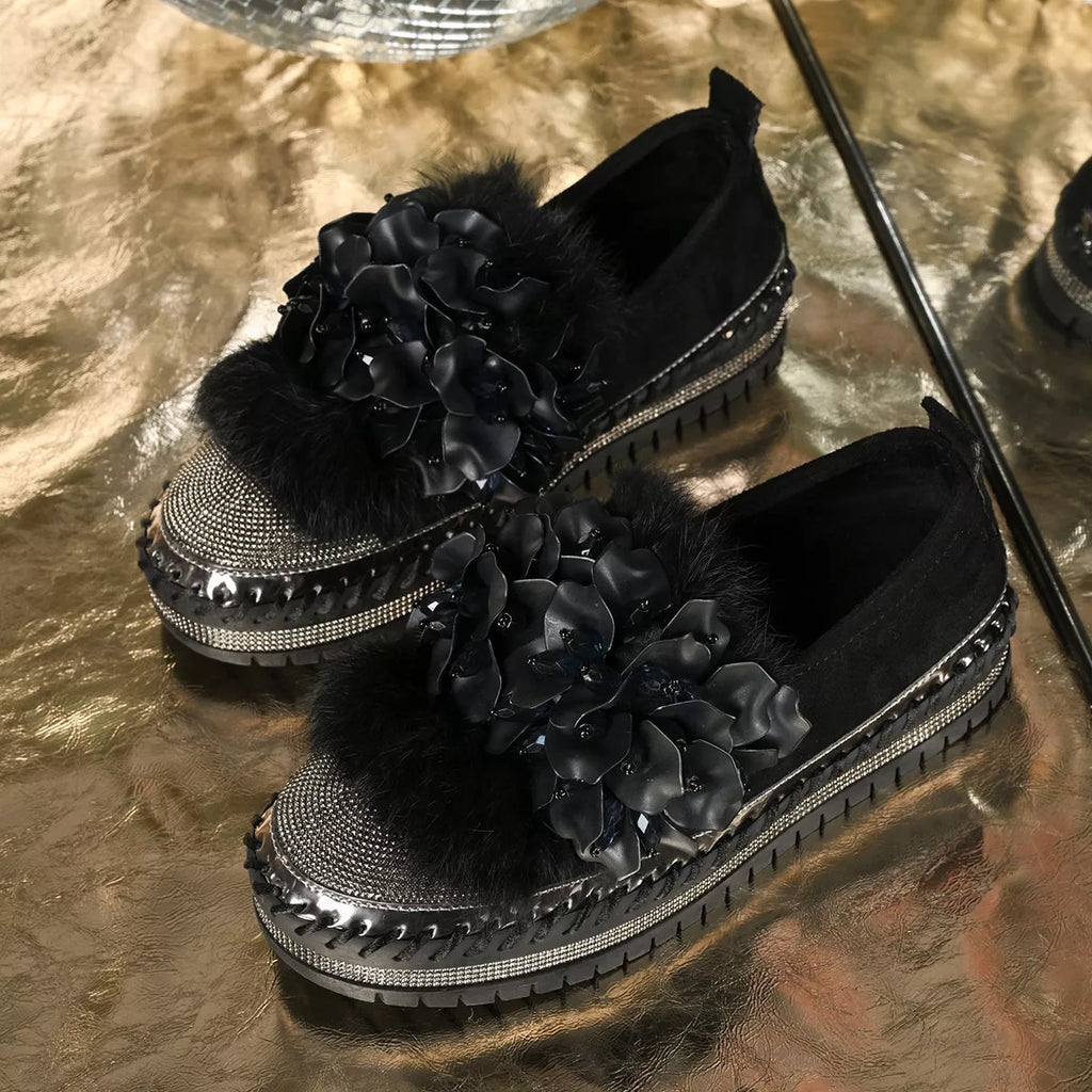 Fur-Trimmed Rhinestone Loafers