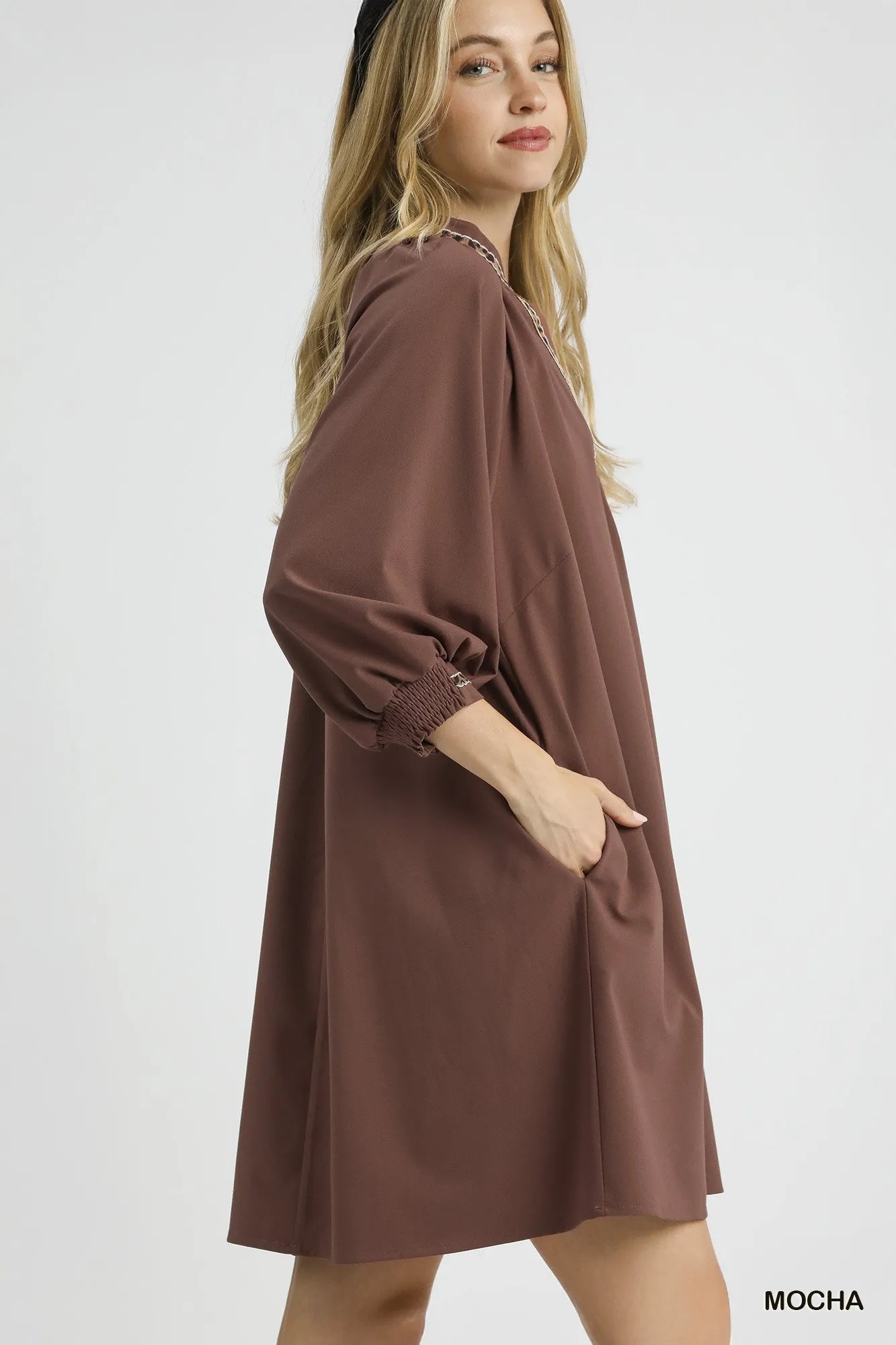 Umgee Notched Shift Dress with Trim Detail