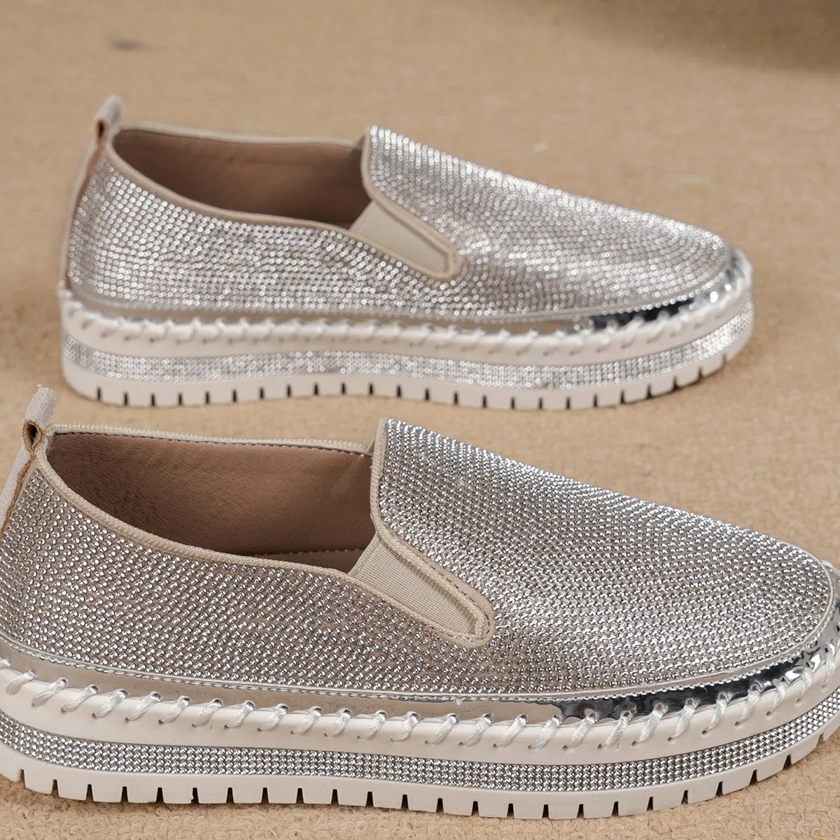 Rhinestone Round Toe Platform Loafers
