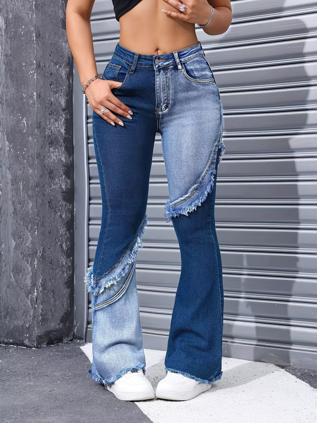 Two Tone Frayed Hem Flare Jeans