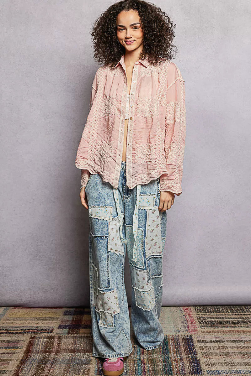 POL Embroidery Button Down Long Sleeve Shirt