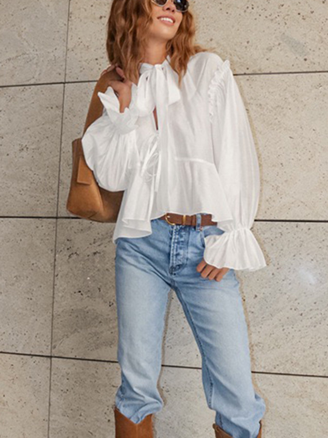 Tie Neck Flounce Sleeve Blouse