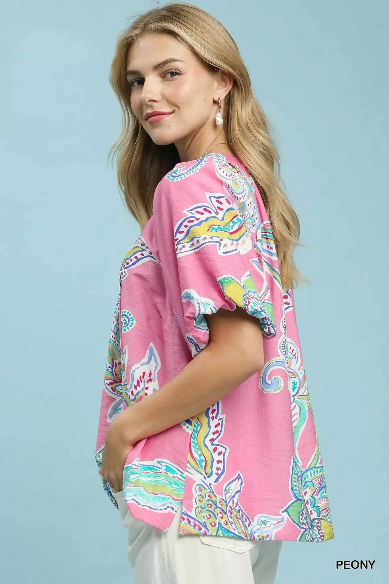 Umgee Paisley Print Puff Sleeve Top