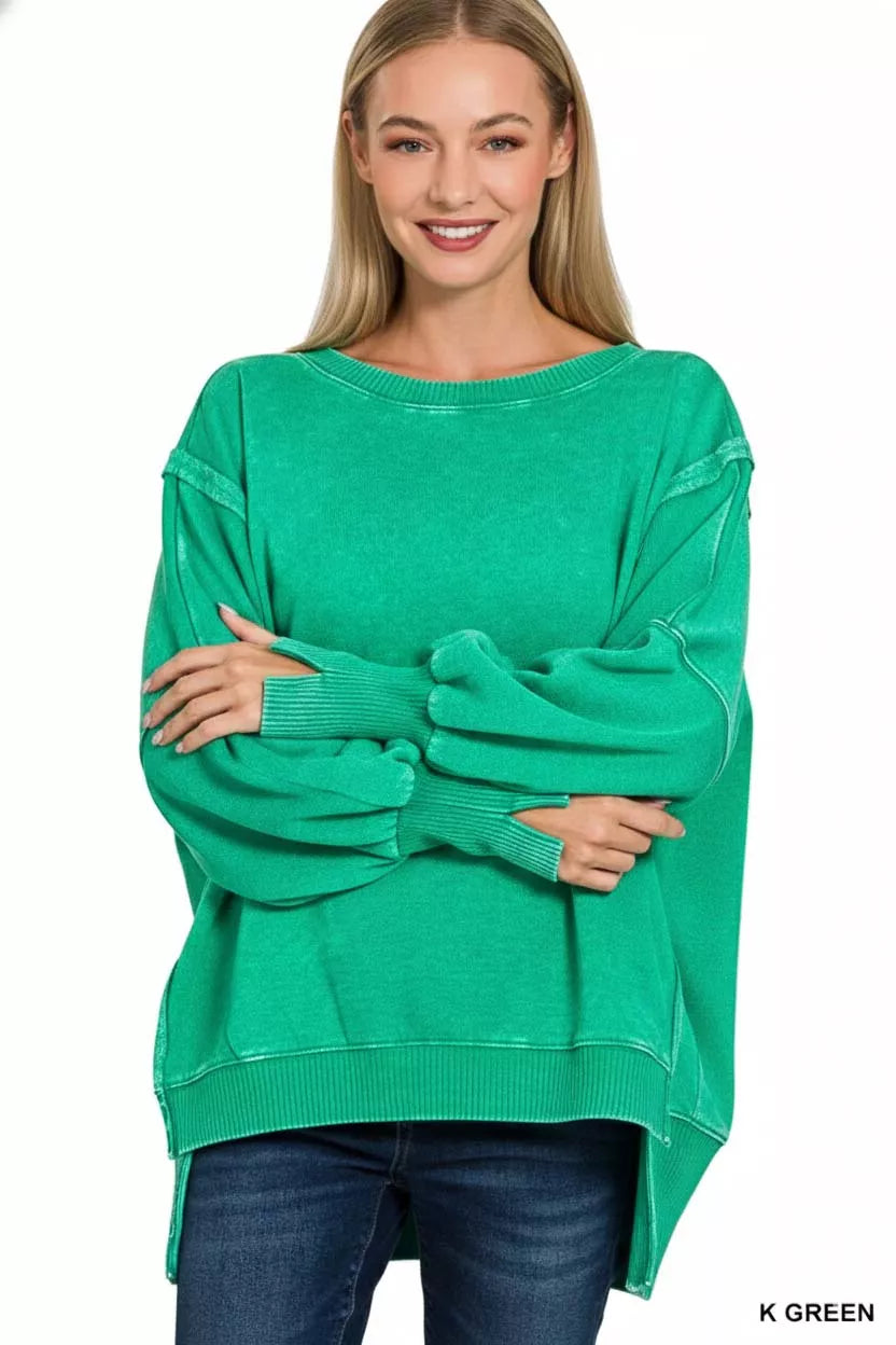 Zenana Acid Washed Batwing Sleeve Fleece Sweatshirt