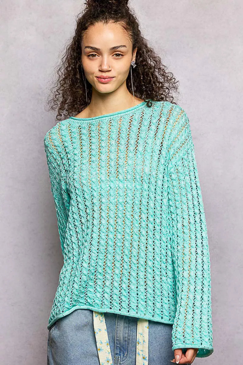 POL Openwork Round Neck Knit Top with Shiny Detail