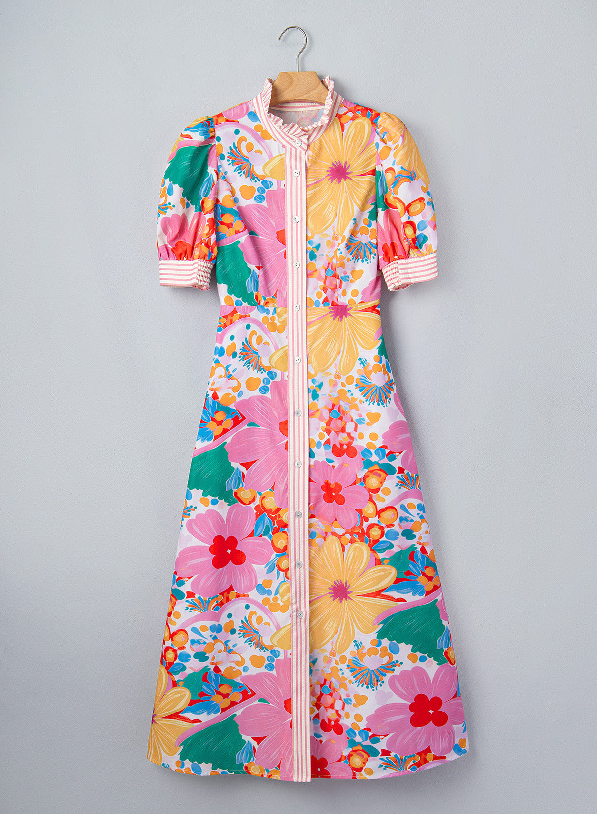 Floral Stripe Trim Puff Sleeve Buttoned Maxi Dress