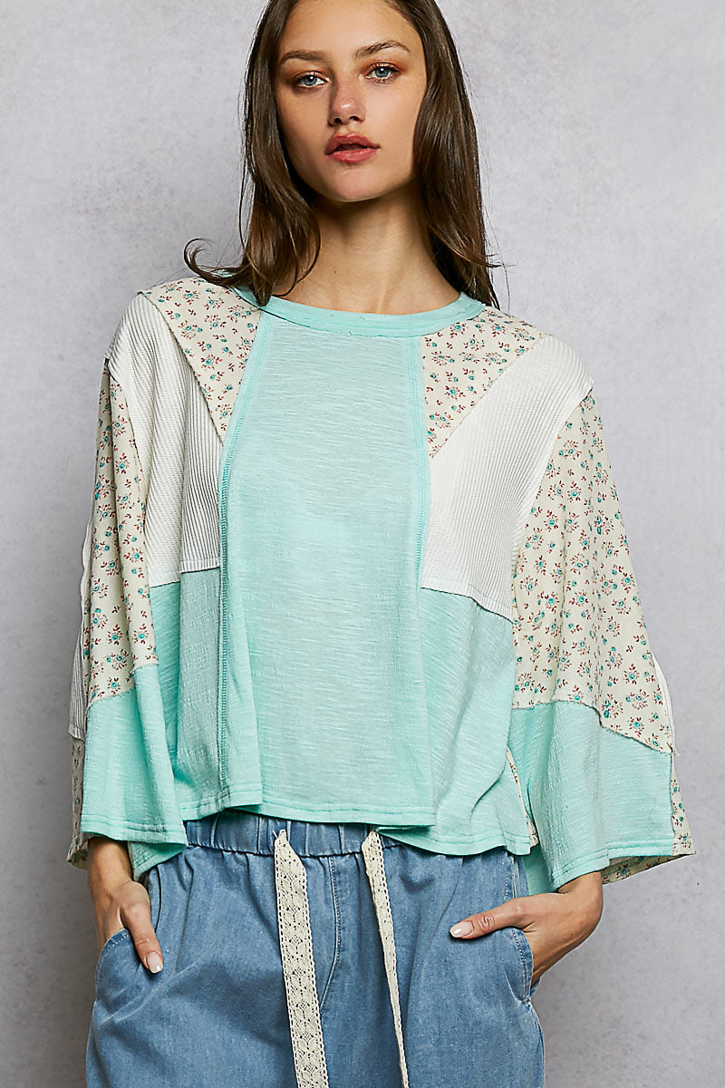 POL Exposed Seam Floral Patchwork Round Neck Textured Slub Knit Top