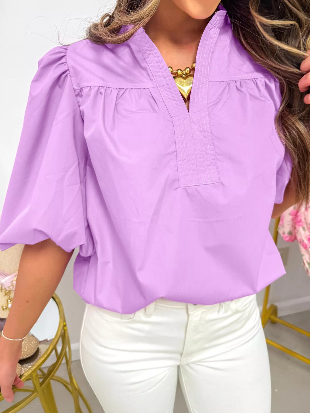 Notched Puff Sleeve Blouse