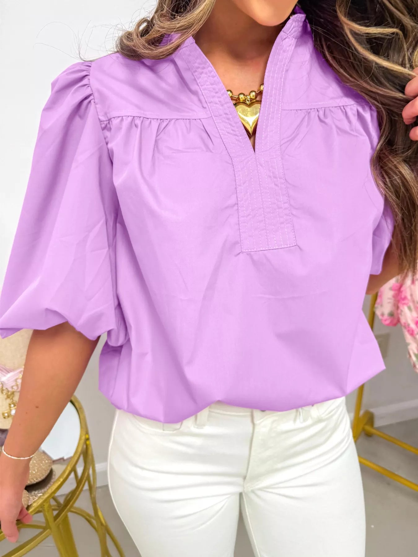 Notched Puff Sleeve Blouse