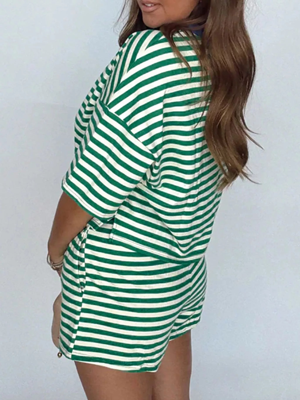 Stripe Boxy Tee and Drawstring Elastic Waist Shorts Set