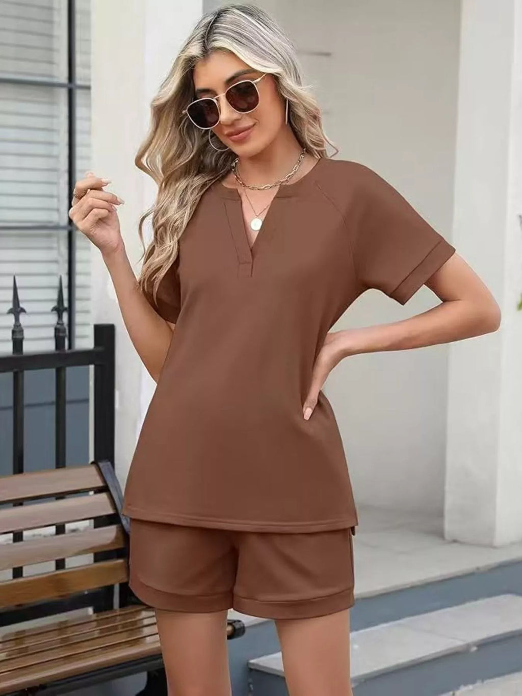 Solid Color Short Sleeve Top and Shorts Two-Piece Set