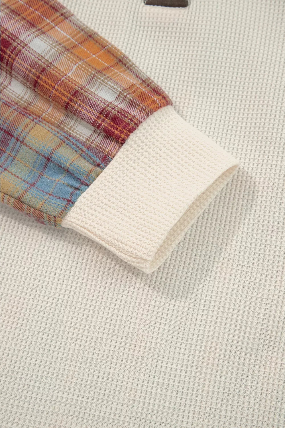 Waffle Knit Plaid Patchwork Long Sleeve Blouse