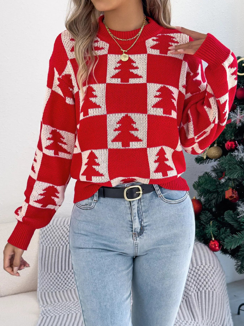 Christmas Tree Checkerboard Pattern Sweater