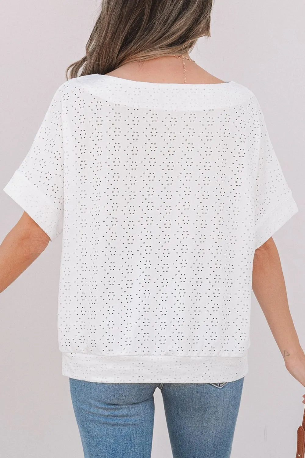 Eyelet Pattern Boat Neck Casual Tee