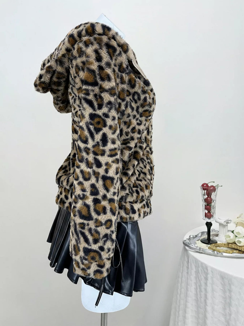 Leopard Plush Zip-Up Hooded Outerwear