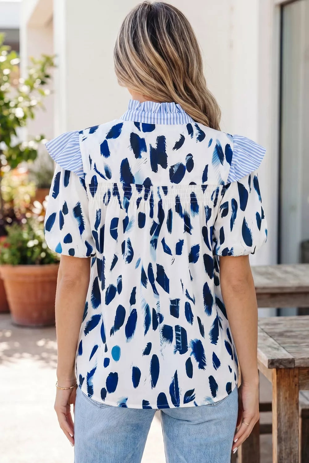 Abstract Animal Print Striped Ruffle Trim V Neck Blouse