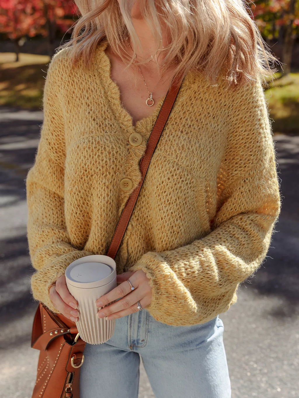 Lantern Sleeve Scallop V Neck Buttoned Front Cardigan