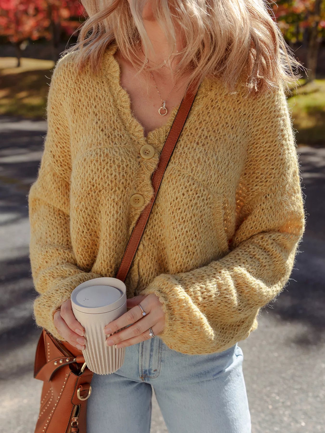 Lantern Sleeve Scallop V Neck Buttoned Front Cardigan
