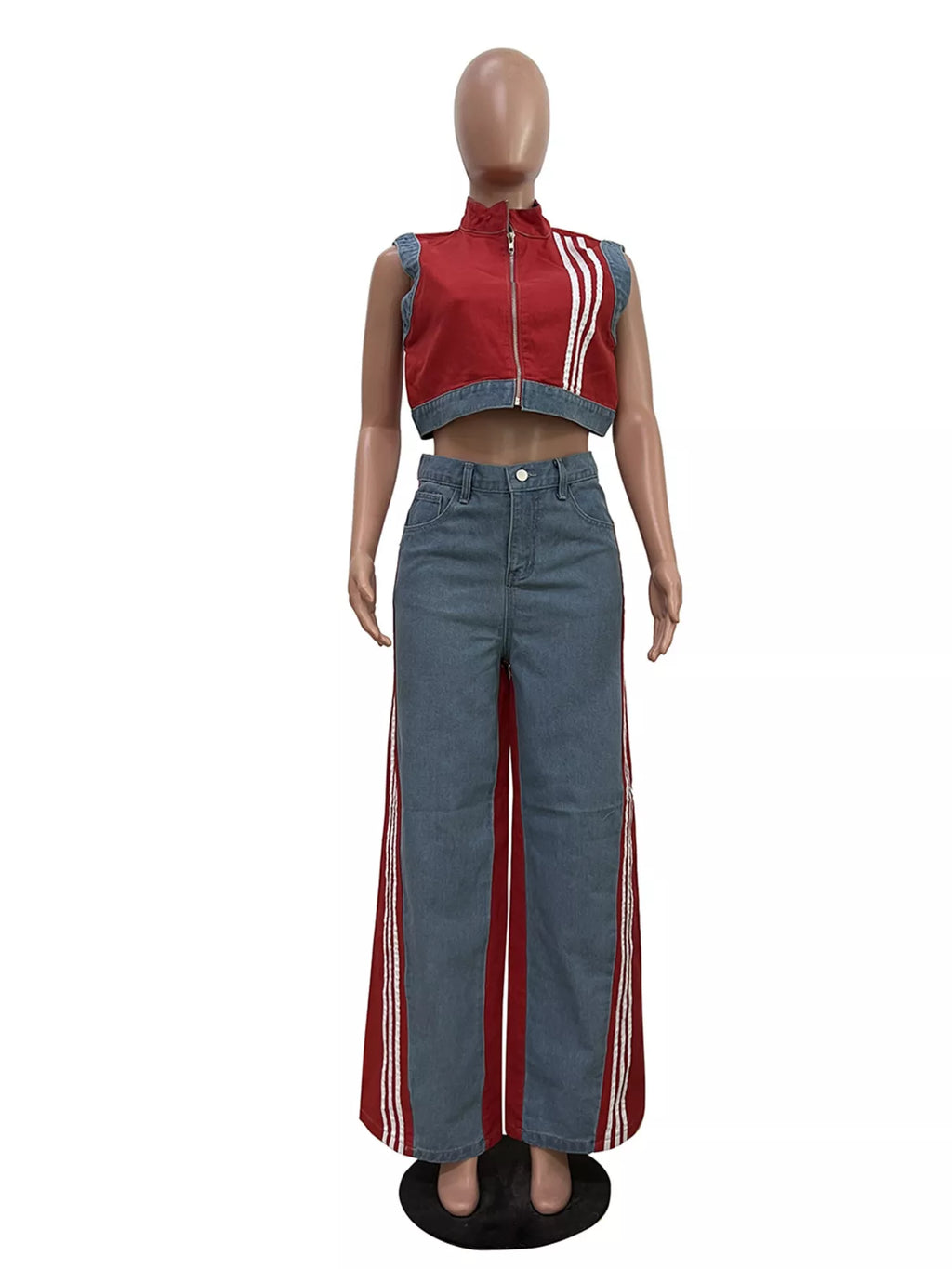Zip Front Crop Top and Striped Pants Set