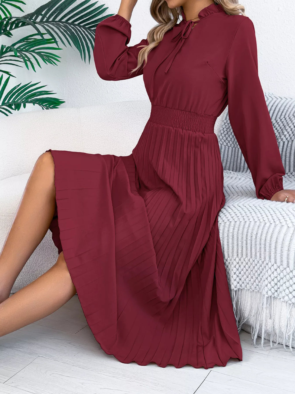 Smocked Pleated Tie Neck Dress