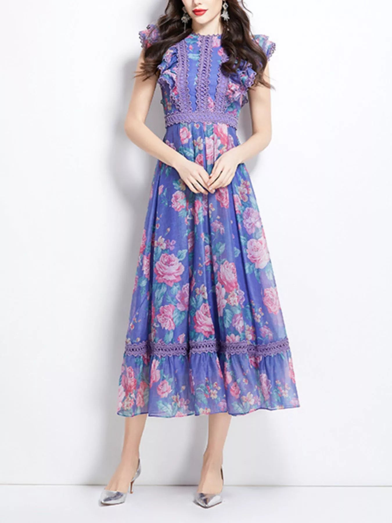 Floral Print Ruffle Sleeve Midi Dress