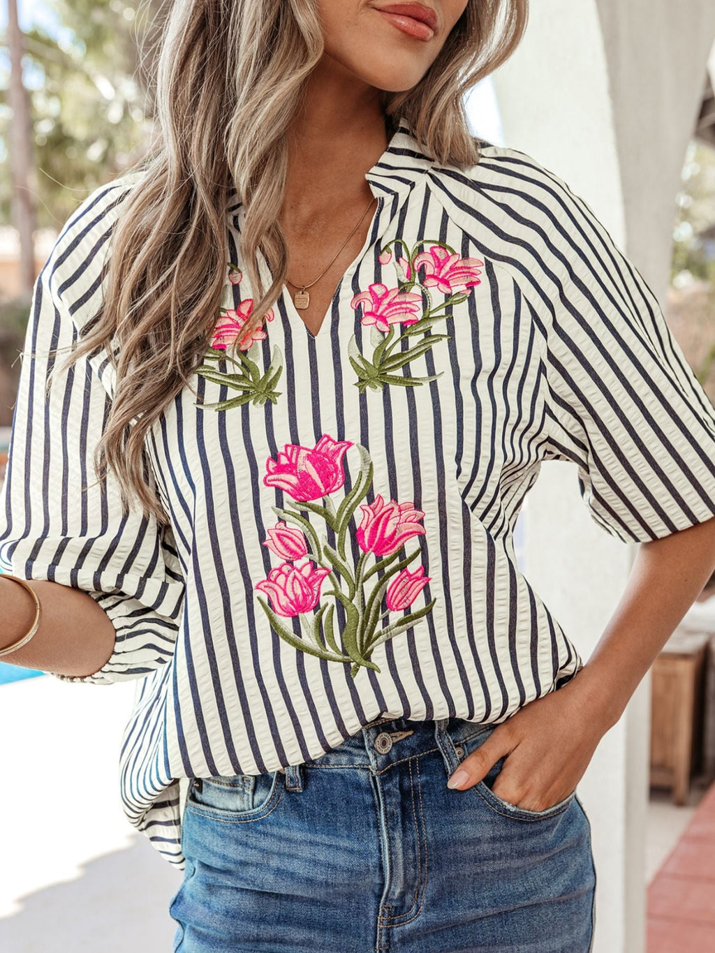 Stripe Floral Embroidered Detail V Neck Short Sleeve Blouse
