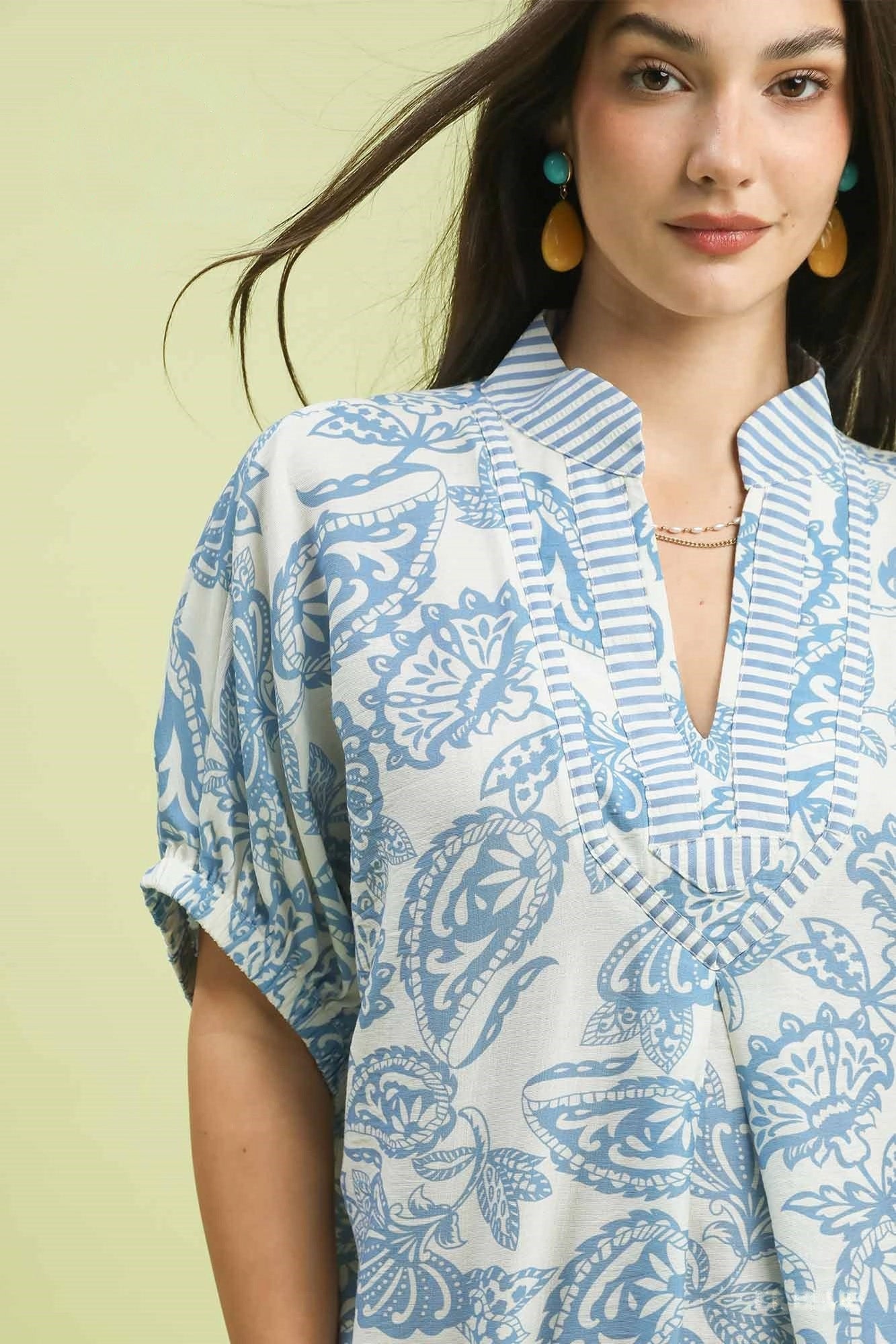 Umgee Botanical Print Mixed Trim Tunic Top