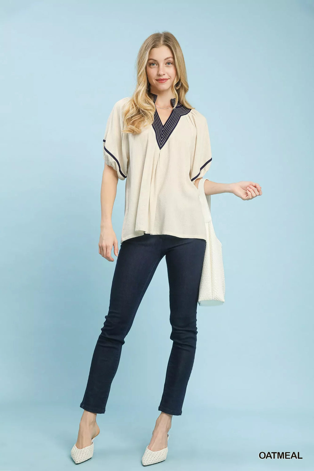 Umgee Linen Puff Sleeve Contrast Trim Top